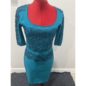 Blumarine Lace Bodycon Dress M Teal Blue Italy Designer Knit Sheath Romantic